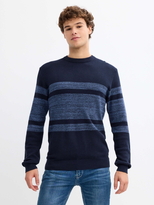 Two-colour striped jumper navy middle front view