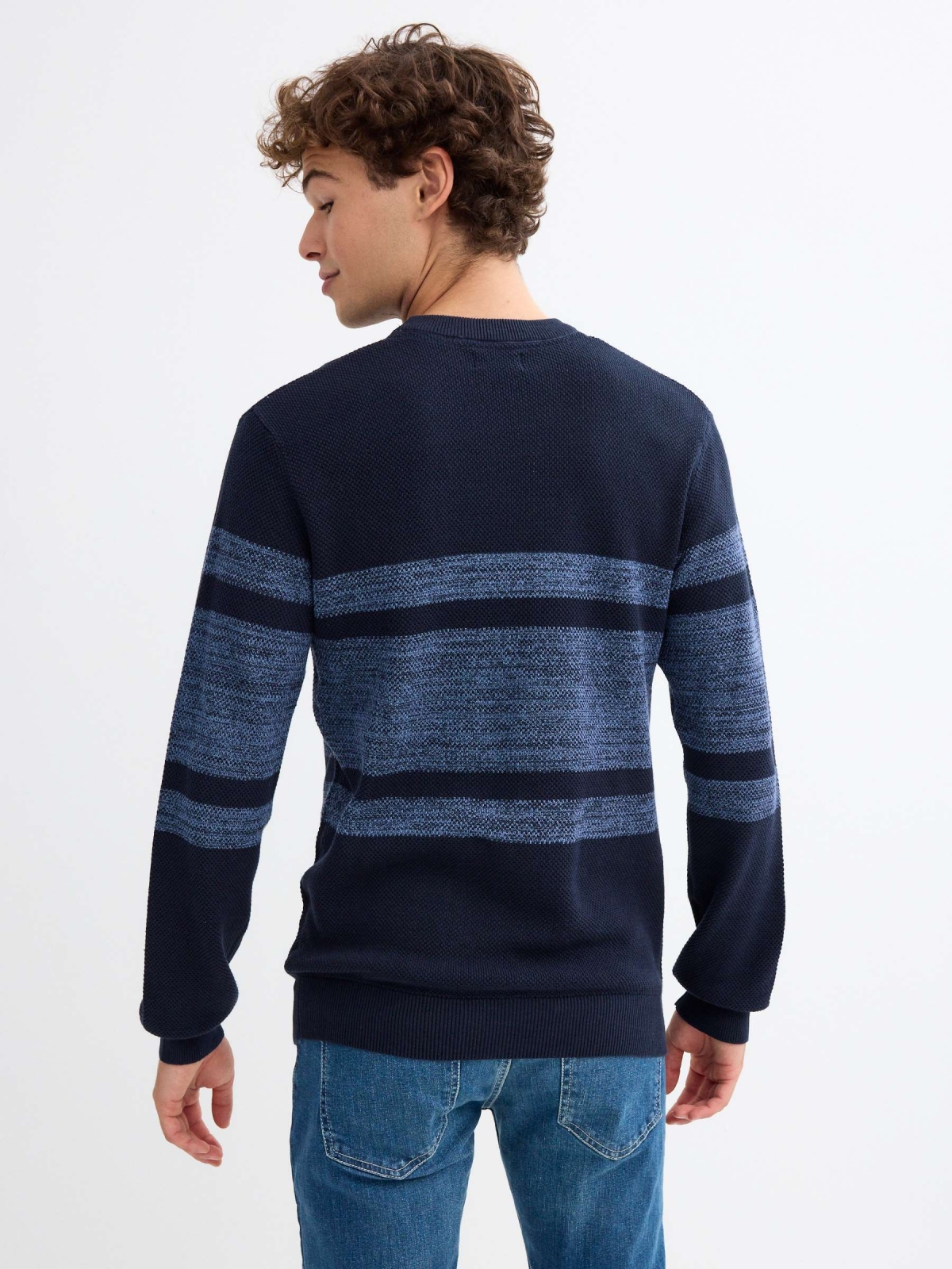 Two-colour striped jumper navy middle back view