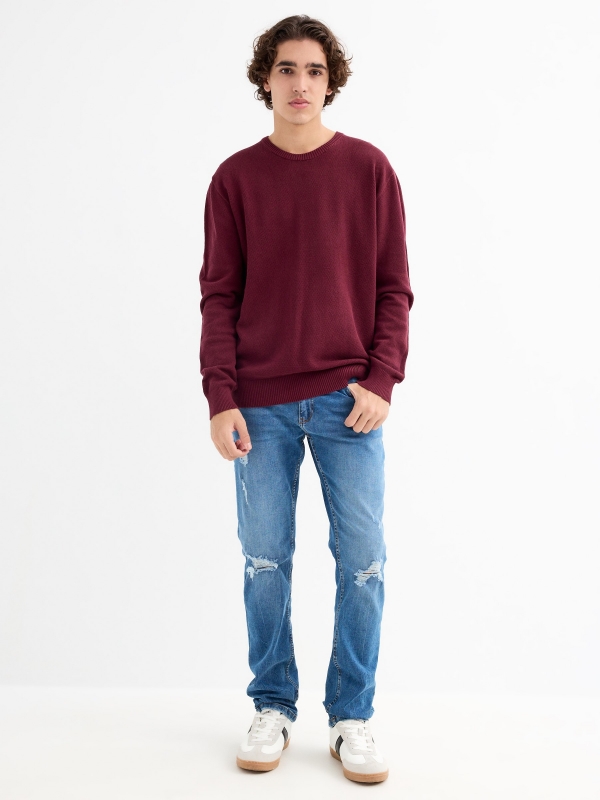 Regular plain jersey round neck burgundy general front view