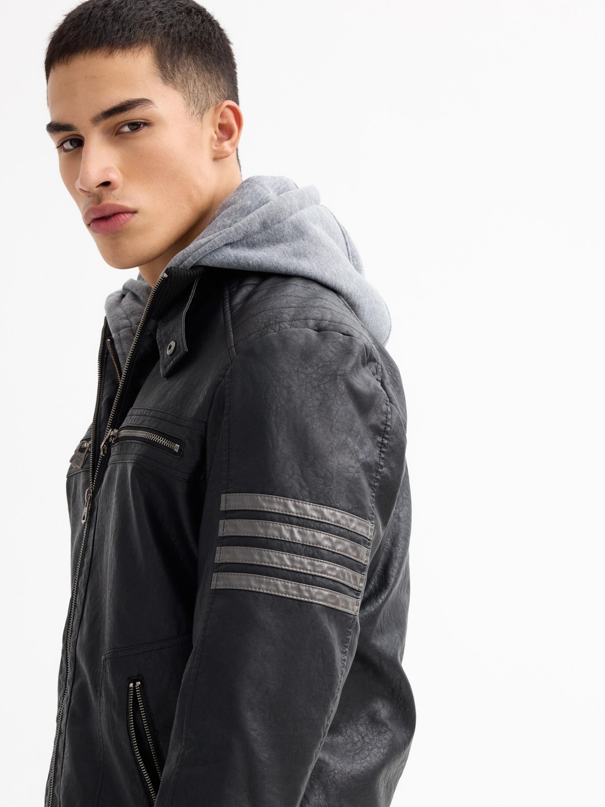 Black multi-pocket leather-effect biker jacket