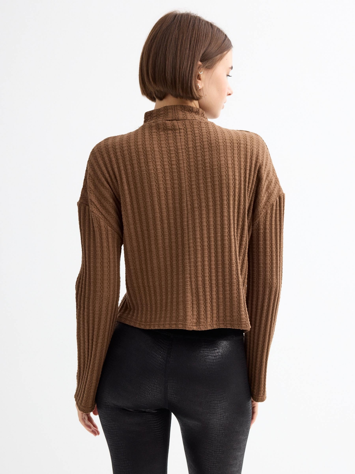 Long sleeve cream textured t-shirt brown middle back view