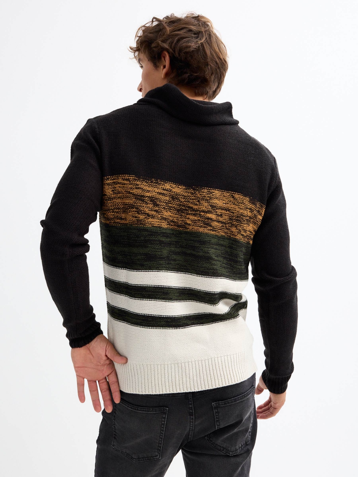 Striped mottled collar jumper black middle back view