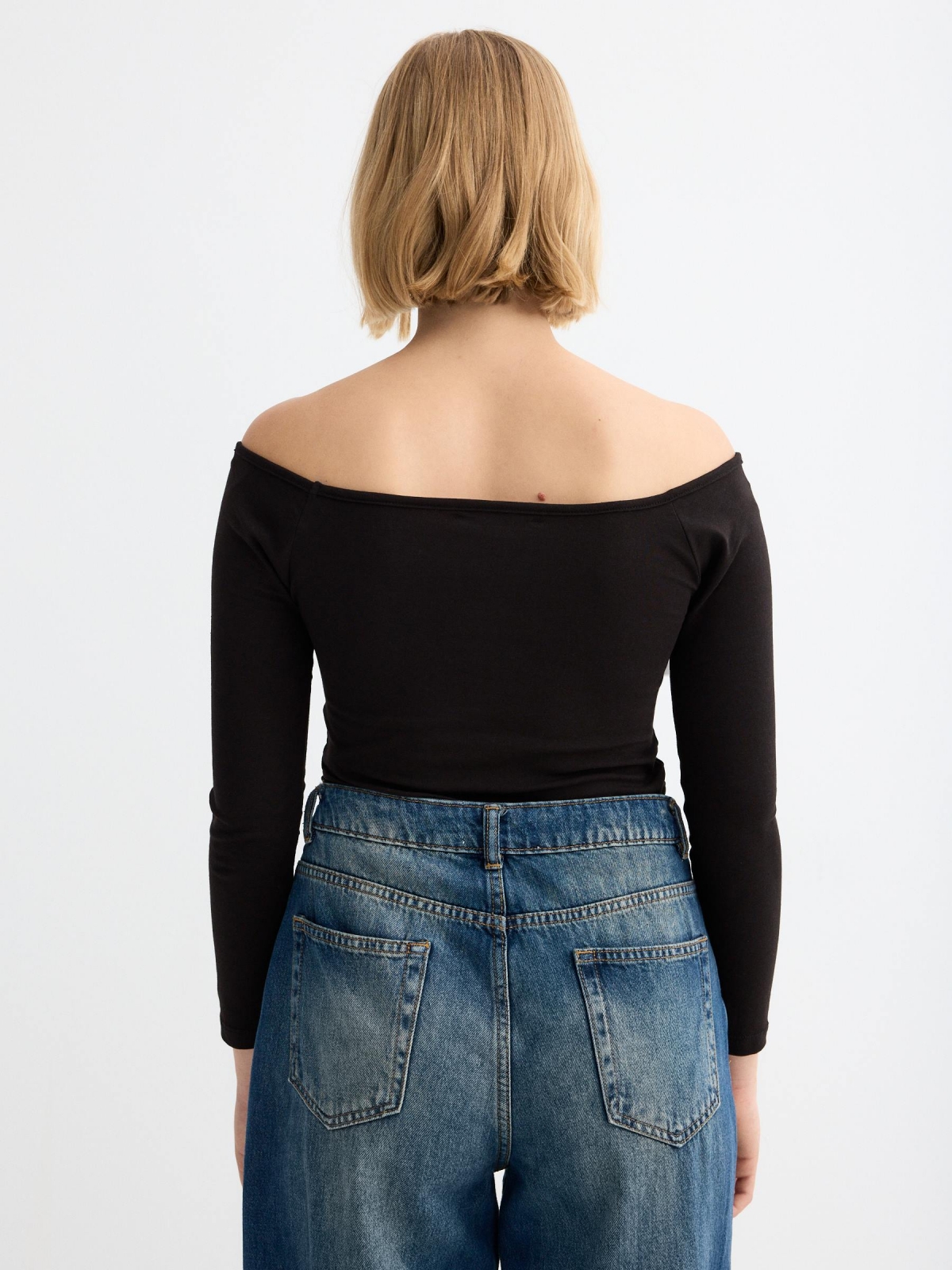 Long sleeve black rib t-shirt black middle back view