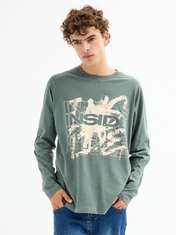 Long sleeve logo t-shirt greyish green middle front view