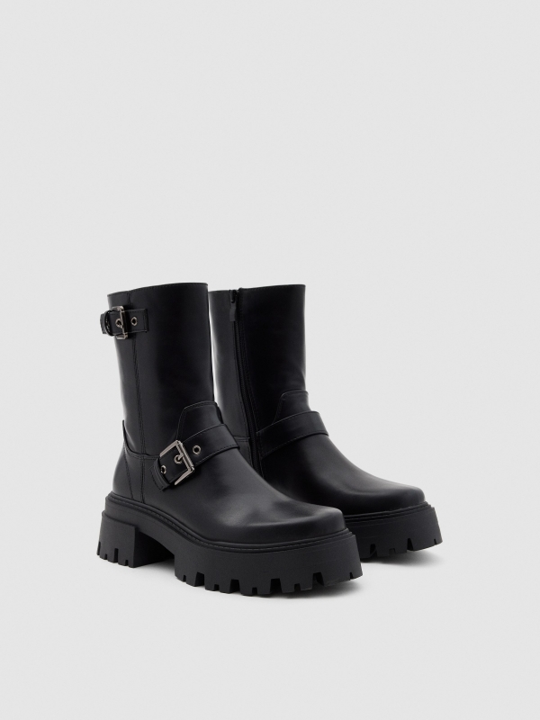 Black buckled platform boot black 45º front view