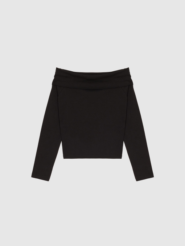  Long sleeve black t-shirt with bardot neckline black front view