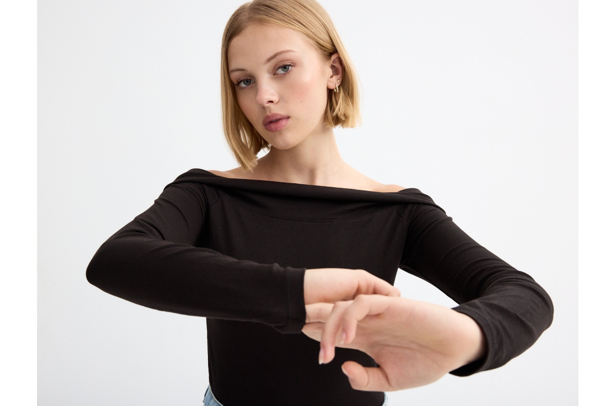 Long sleeve black t-shirt with bardot neckline black middle front view