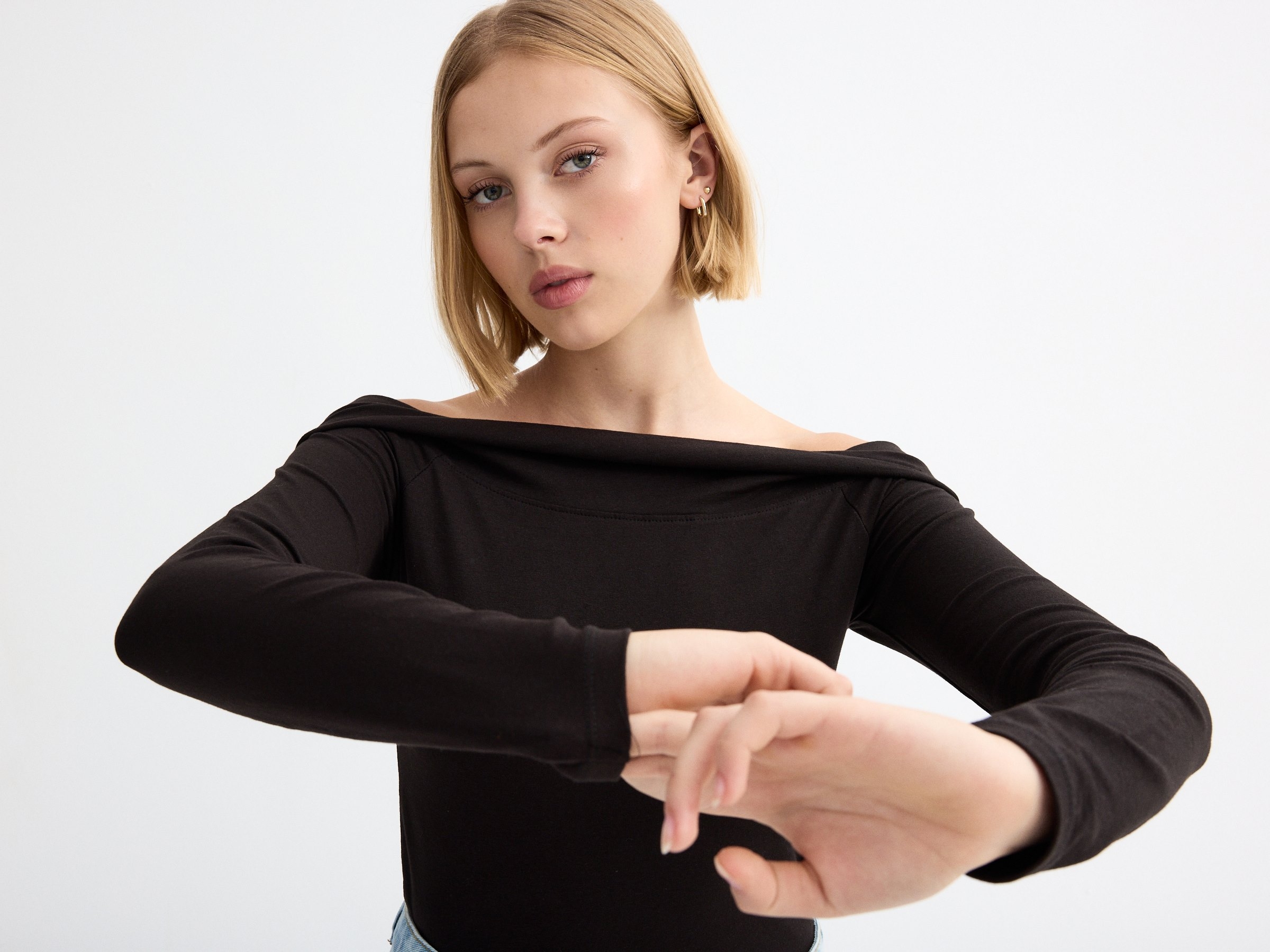 Long sleeve black t-shirt with bardot neckline black middle front view