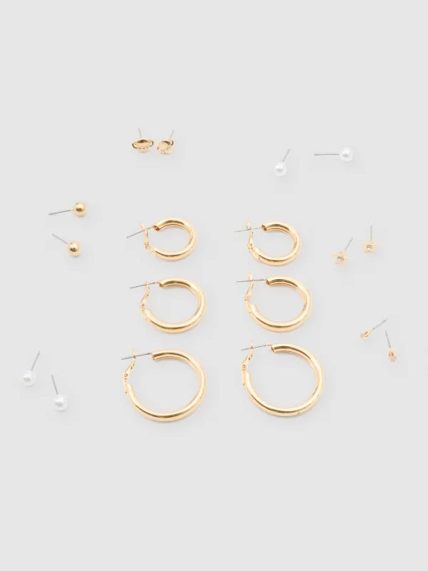 Gold plated earrings set 9 pack golden/silver detail view