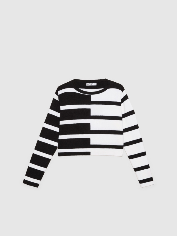  Black and white striped knitted crop sweater black/beige front view