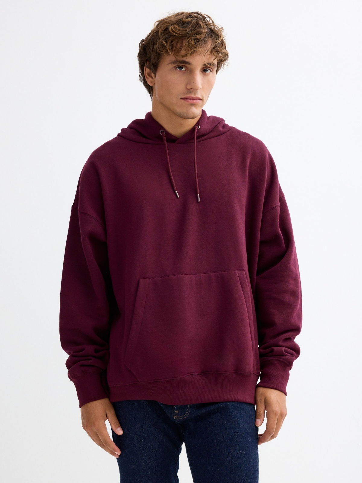 Basic black hooded sweatshirt burgundy middle front view