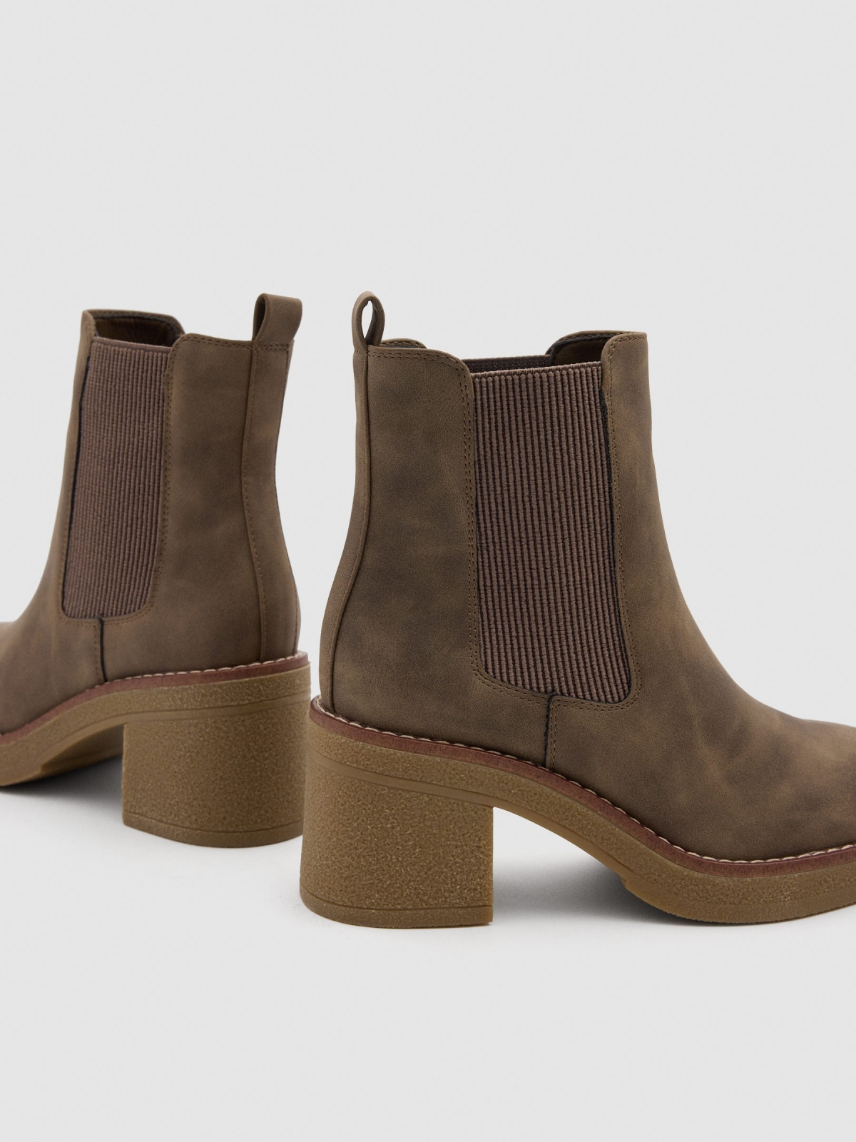 Brown elasticated wide heel ankle boots beige detail view