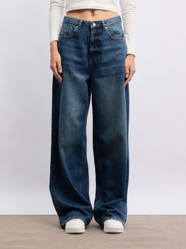 Wide Leg High Rise Jeans dark blue middle front view