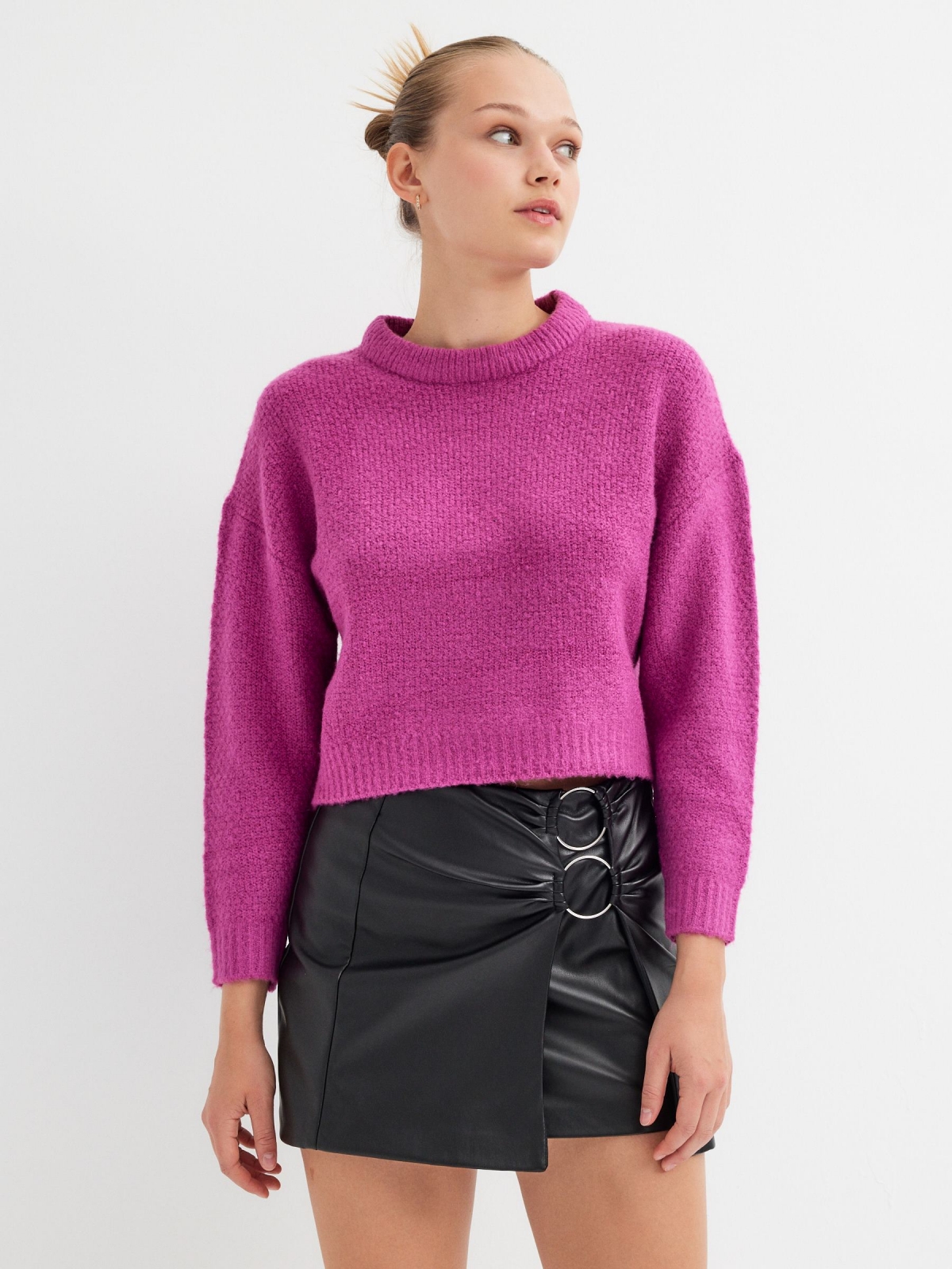 Cropped round neck jumper fuchsia middle front view