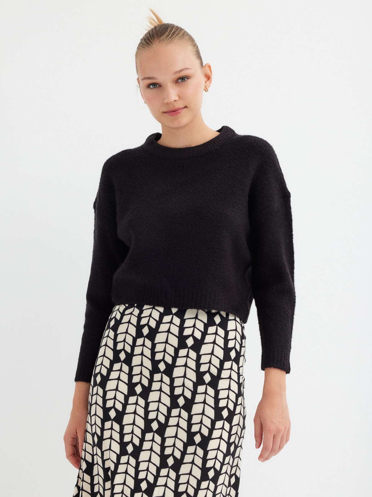 Cropped round neck jumper black middle front view