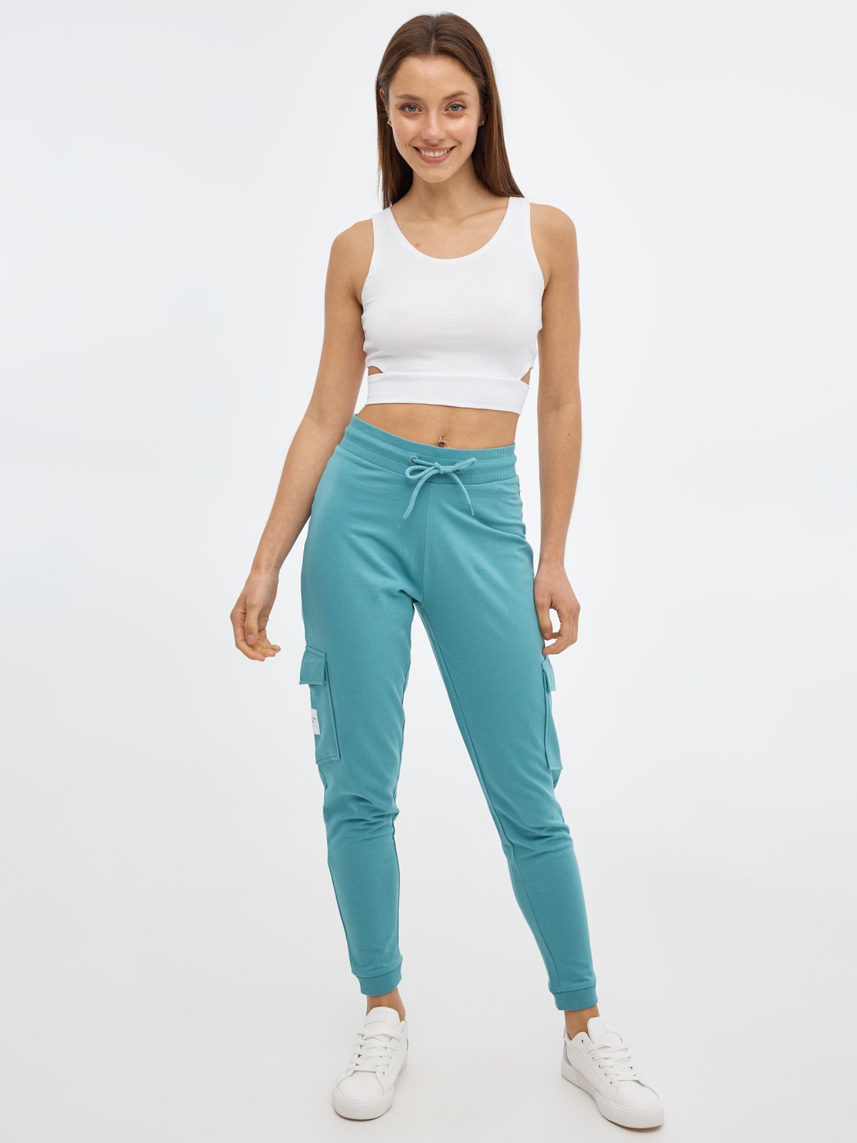 Plush jogger pants teal front view