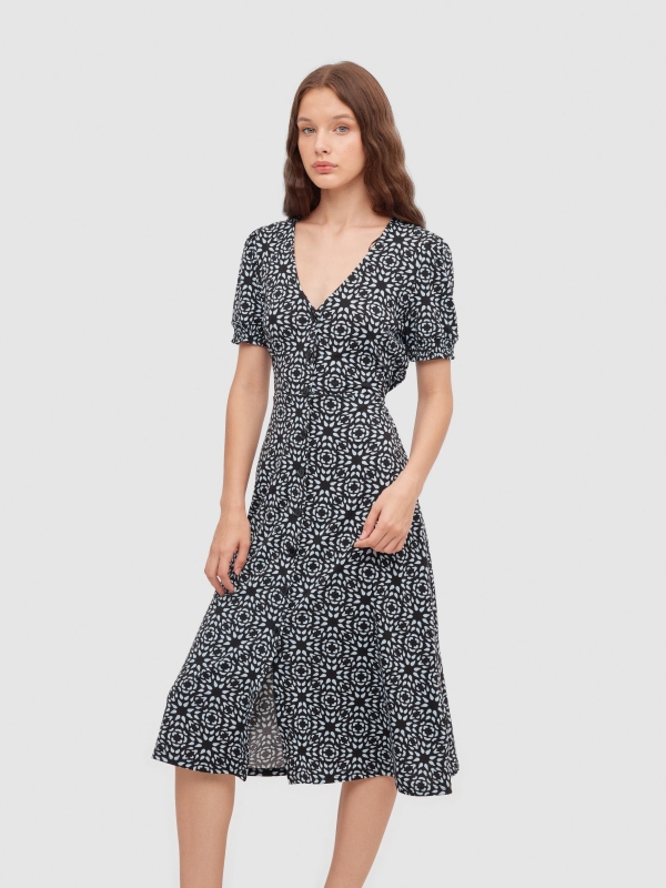 Button midi dress black front view