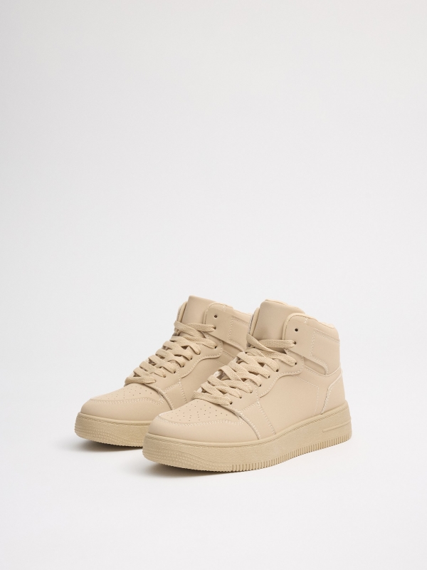 High-top basketball sneakers with platform beige 45º front view