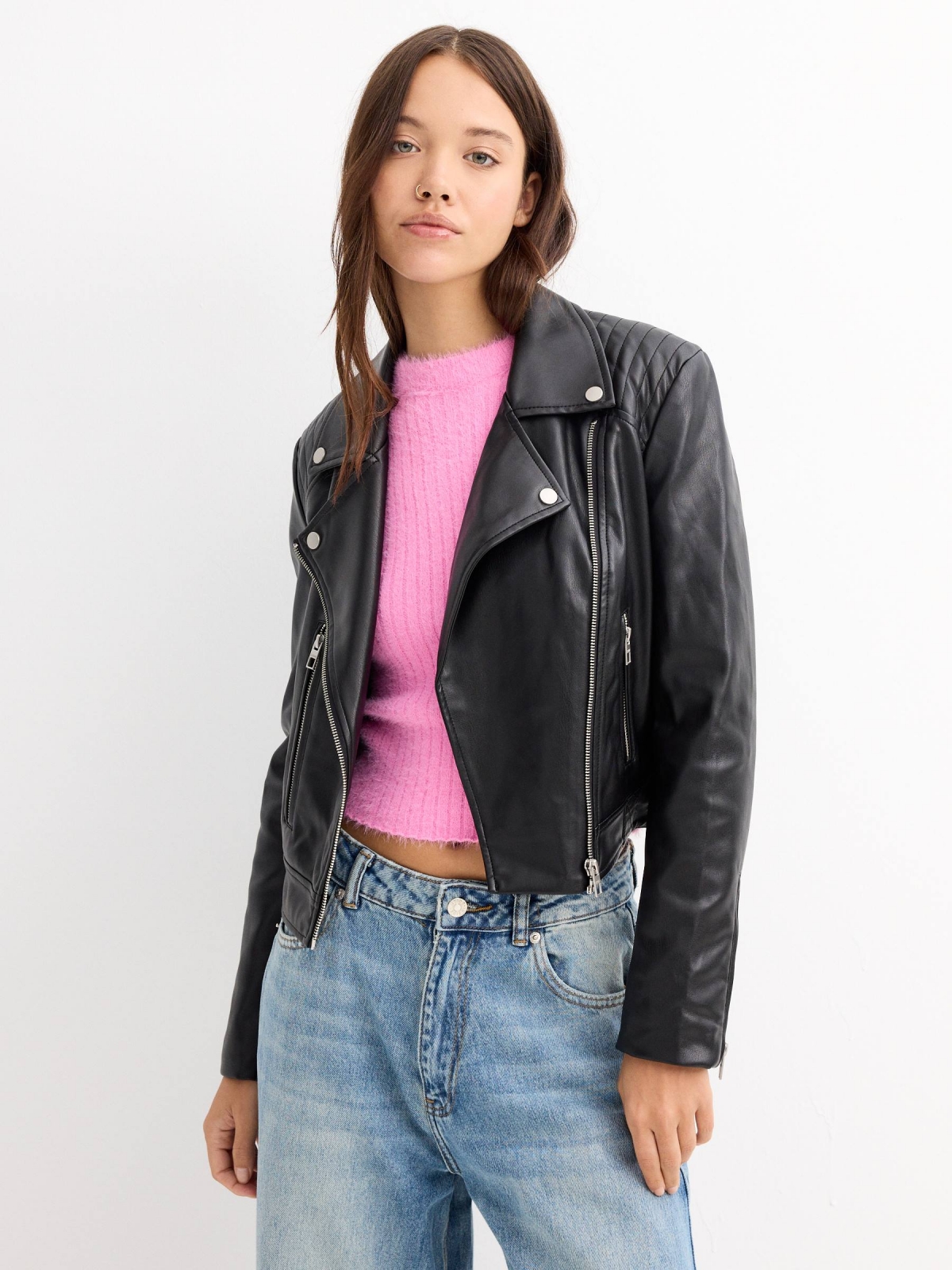 Faux leather biker jacket with pockets black middle front view