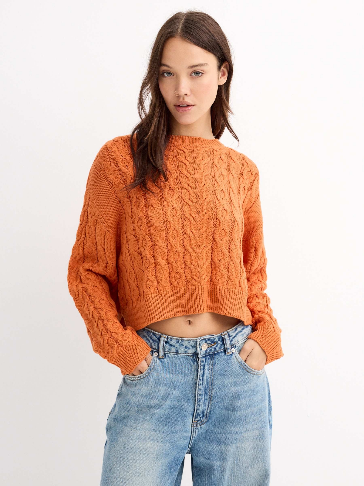 Round neck sweater orange middle front view