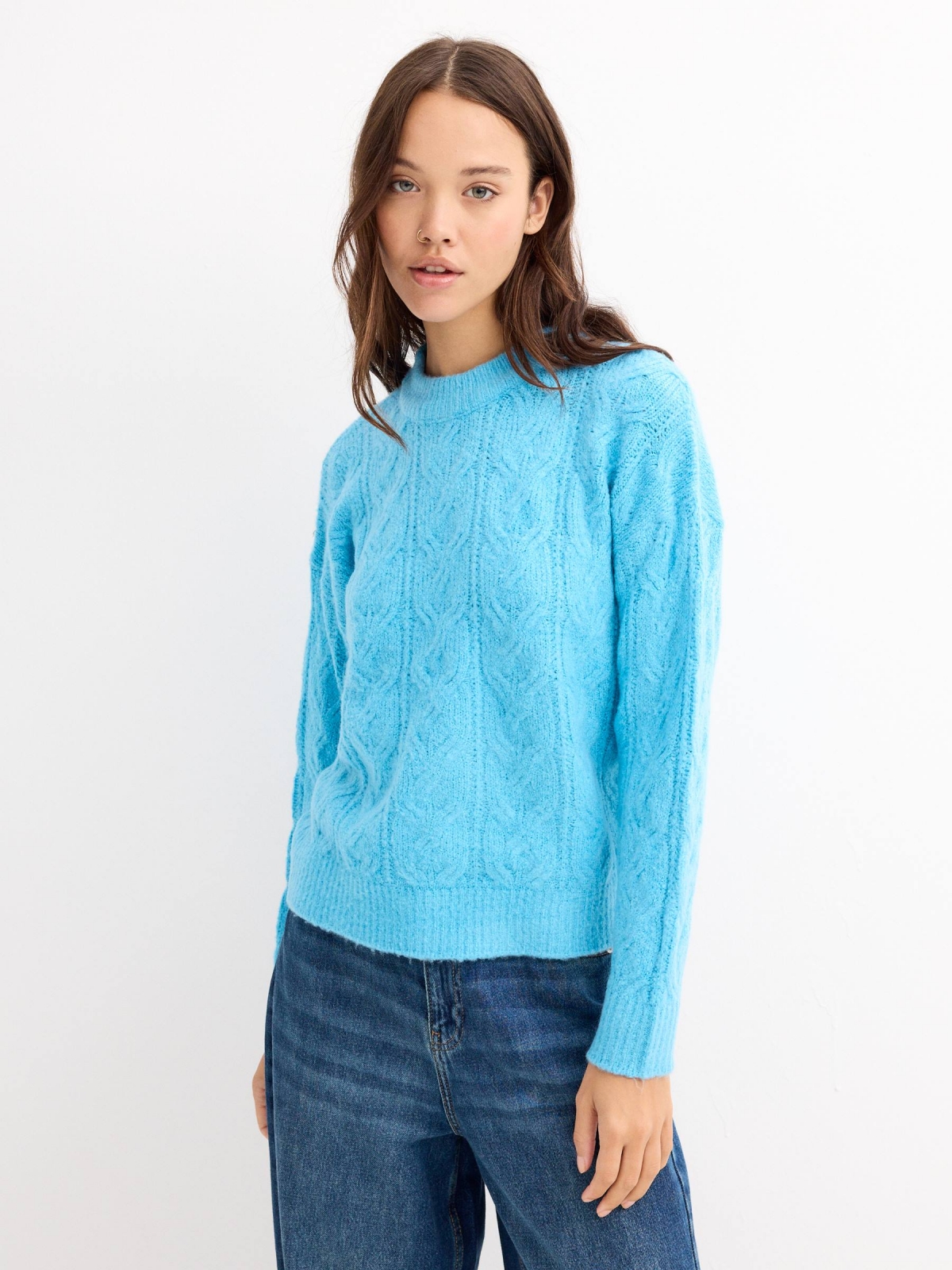 Knitted sweater round neck turquoise middle front view