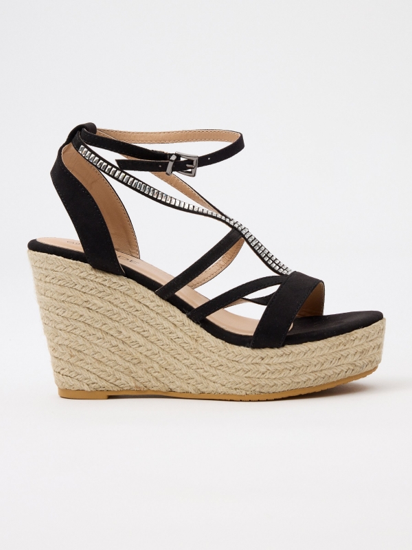 Cuña de yute de tiras con brillos negro/beige