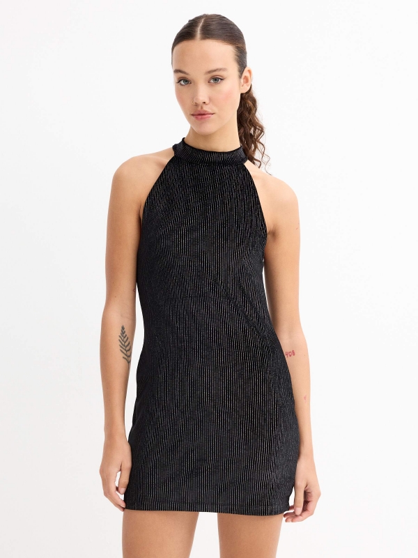 Vestido mini com halteres às riscas preto vista meia frontal