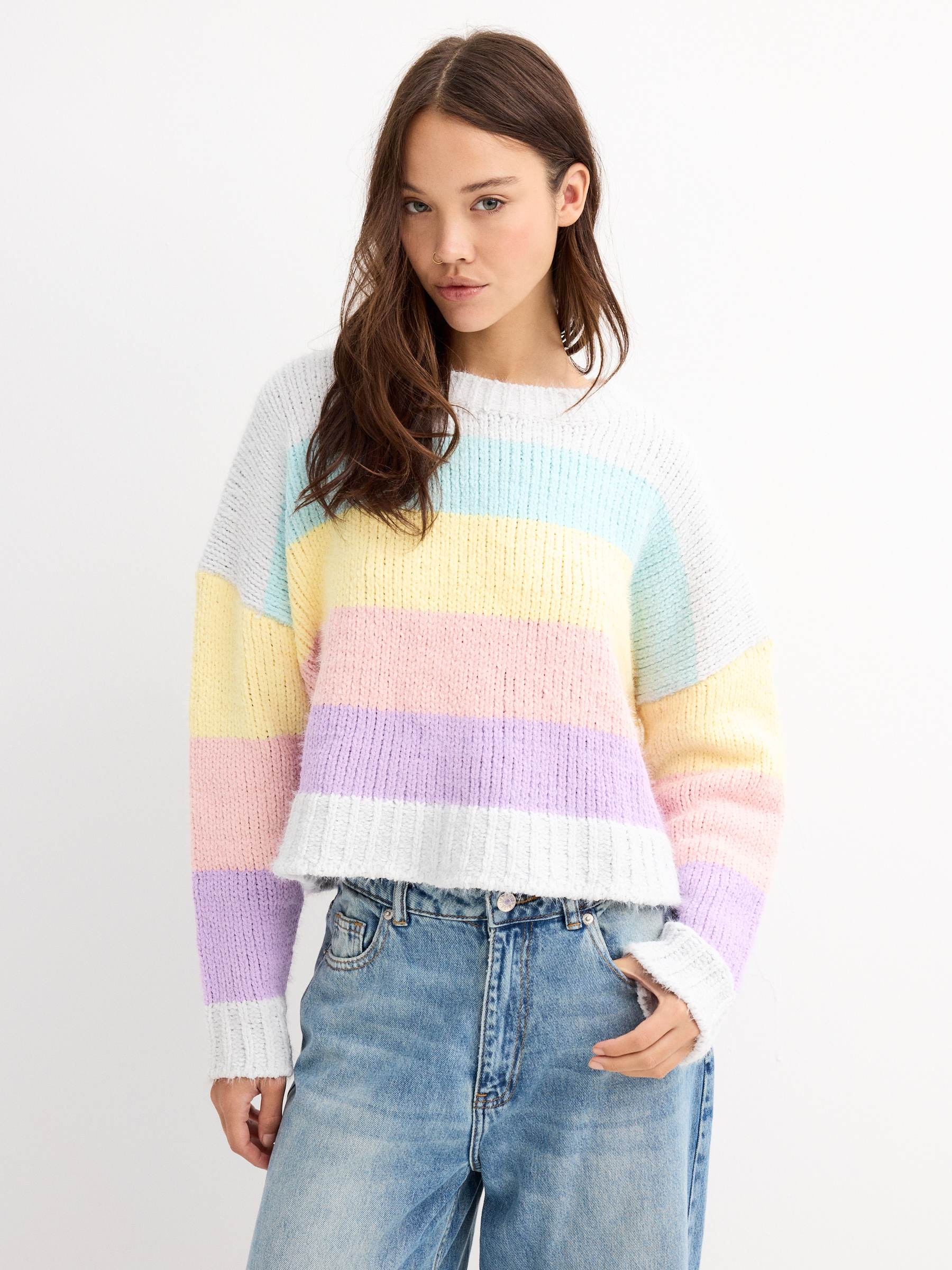 Salta chenille às riscas multicolorido vista meia frontal