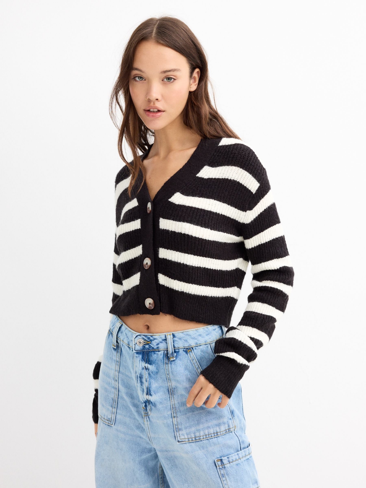 Striped V-neck cardigans black/beige middle front view