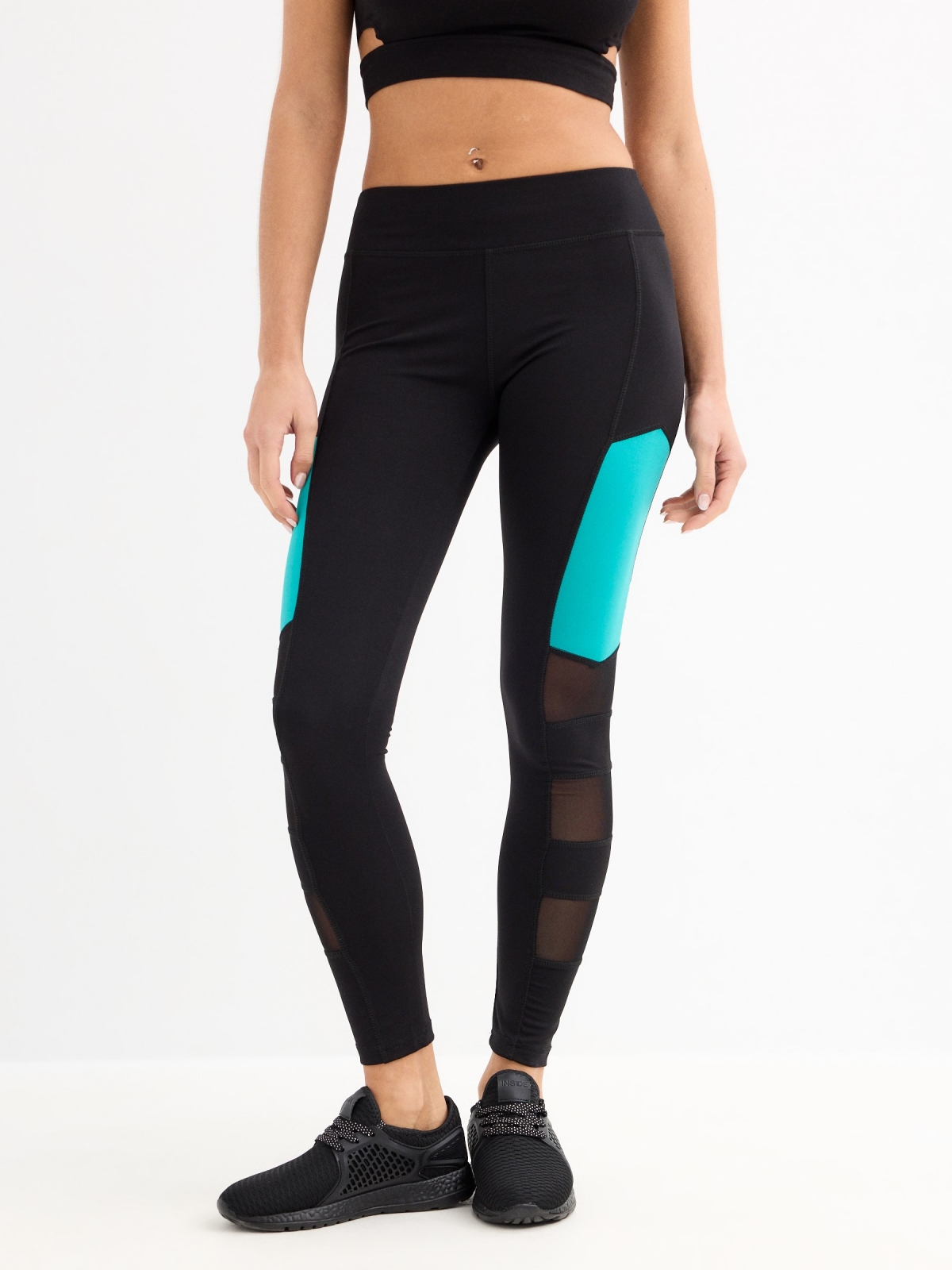 Legging blocos azul preto vista meia frontal