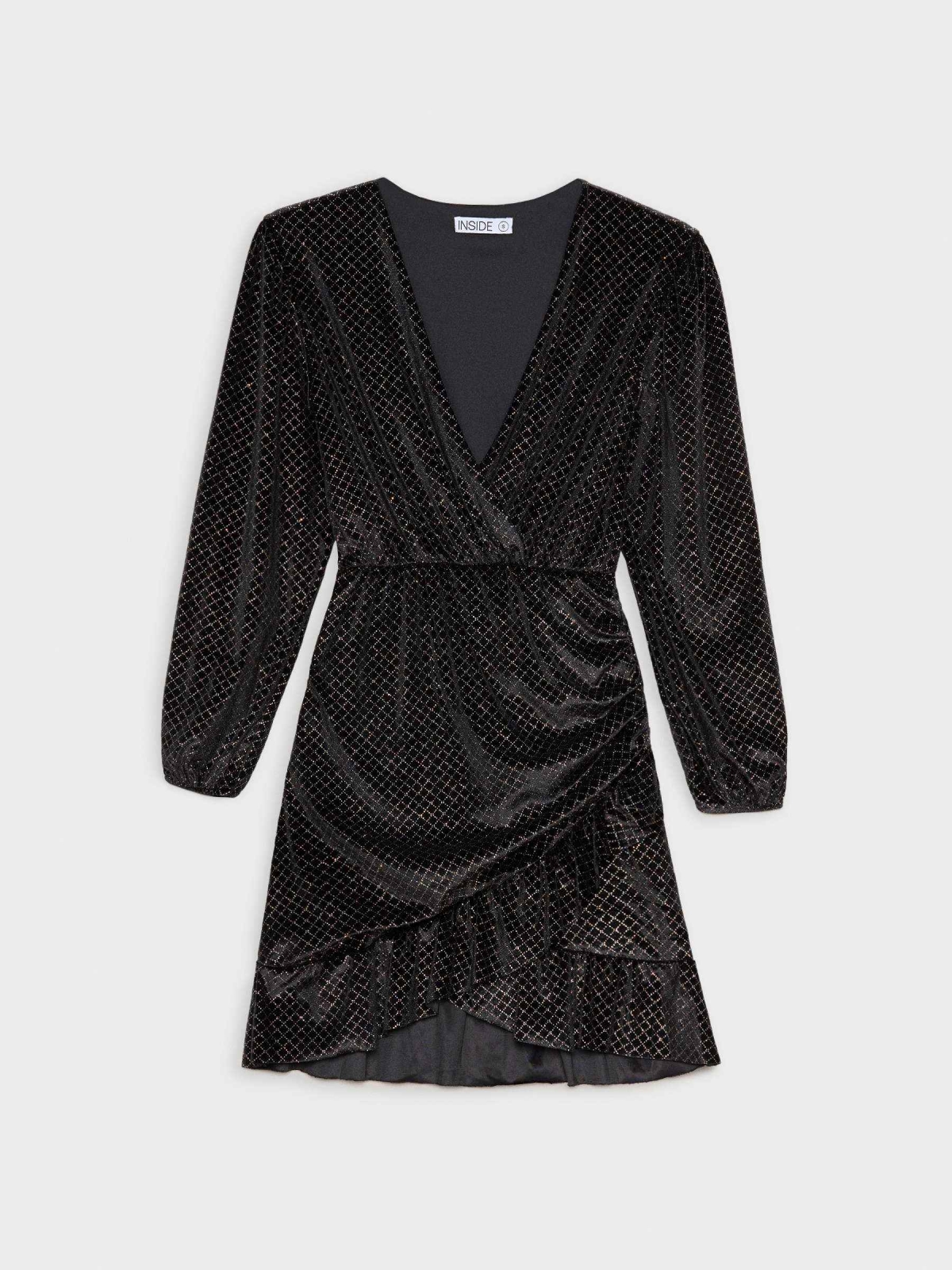  Shiny velvet wrap dress black front view