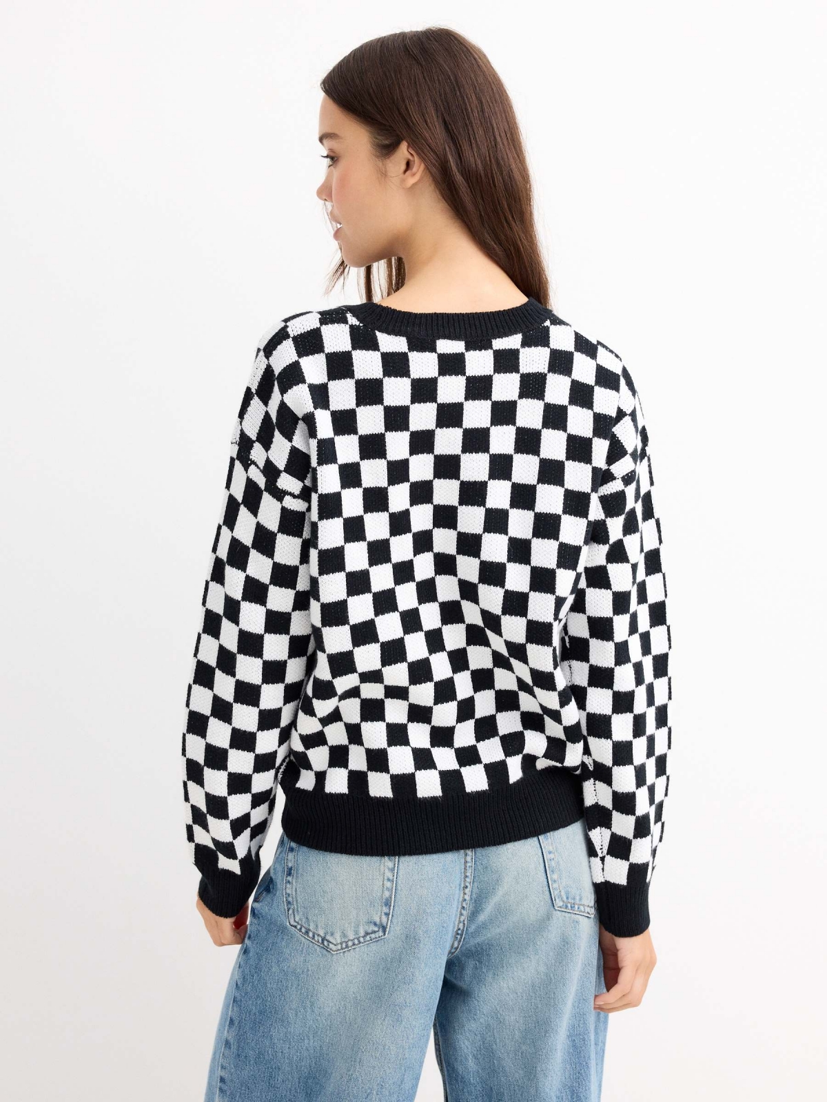 Checkered jacquard sweater black middle back view