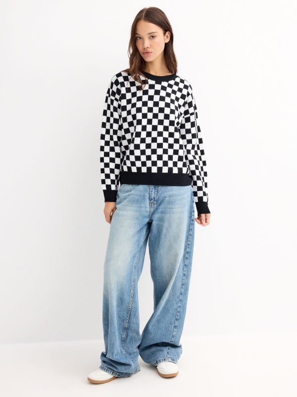 Checkered jacquard sweater black general front view