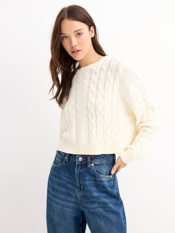 Round neck sweater off white middle front view
