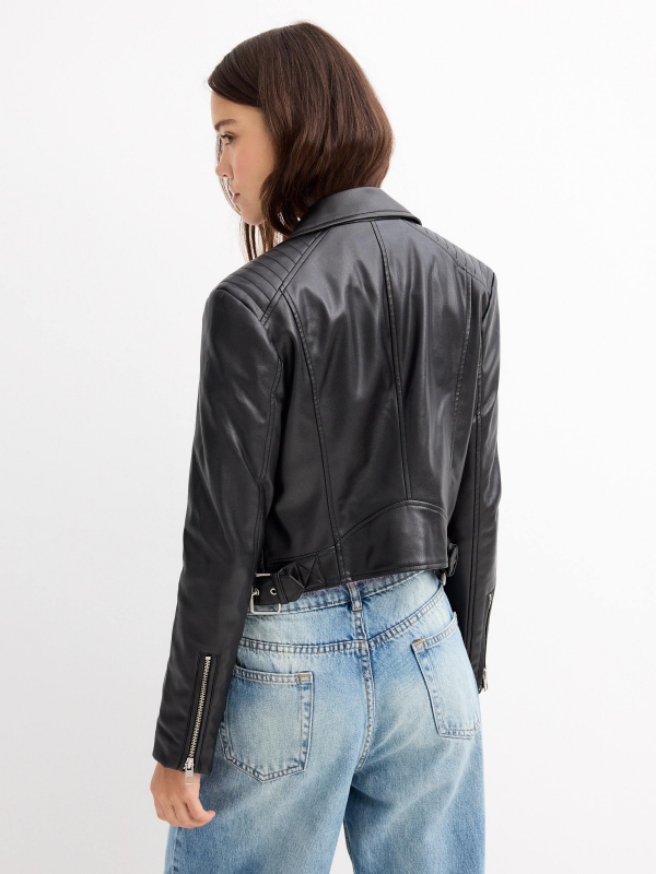 Faux leather biker jacket with pockets black middle back view