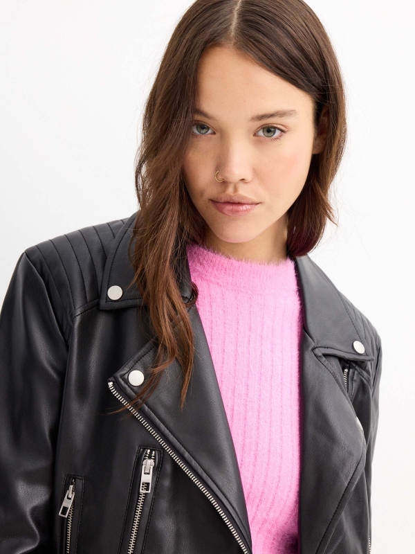 Faux leather biker jacket with pockets black detail view