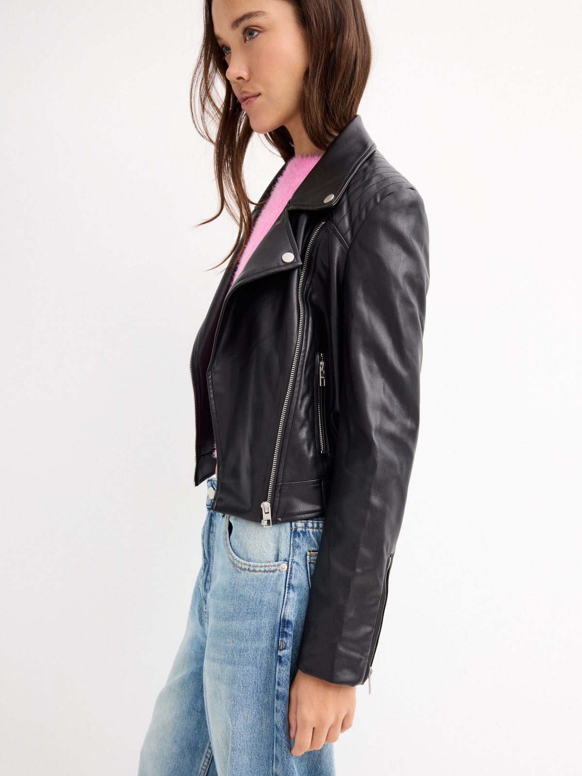 Faux leather biker jacket with pockets black detail view