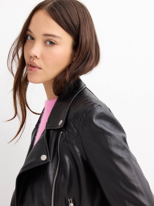 Faux leather biker jacket with pockets black detail view