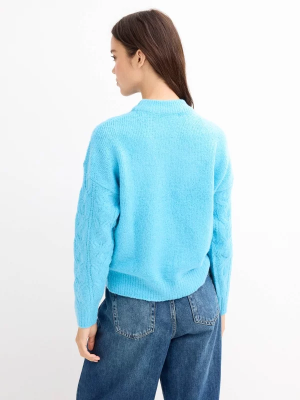 Knitted sweater round neck turquoise middle back view