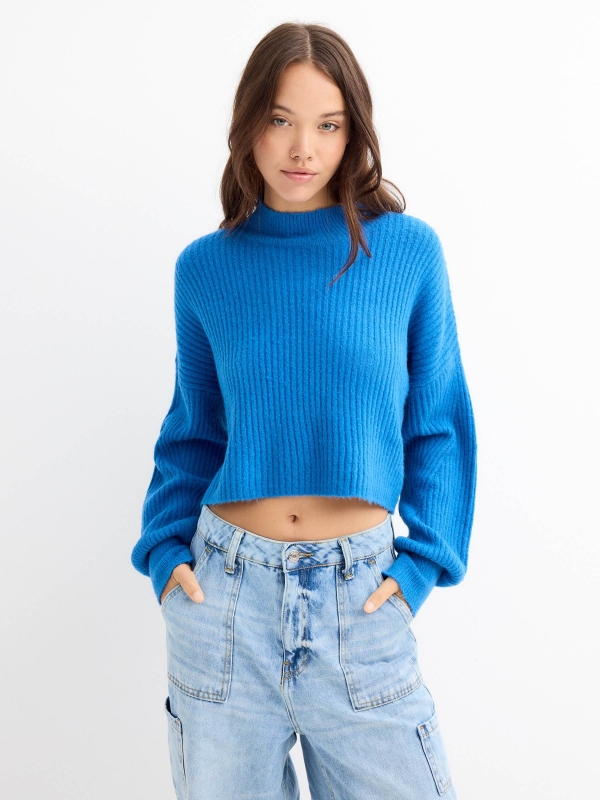 Perkins neck ribbed jumper blue middle front view