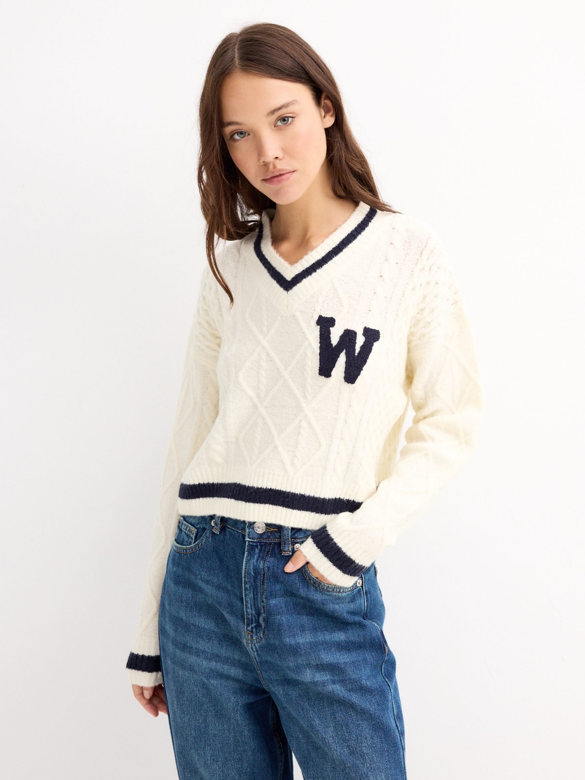 College sweater off white middle front view