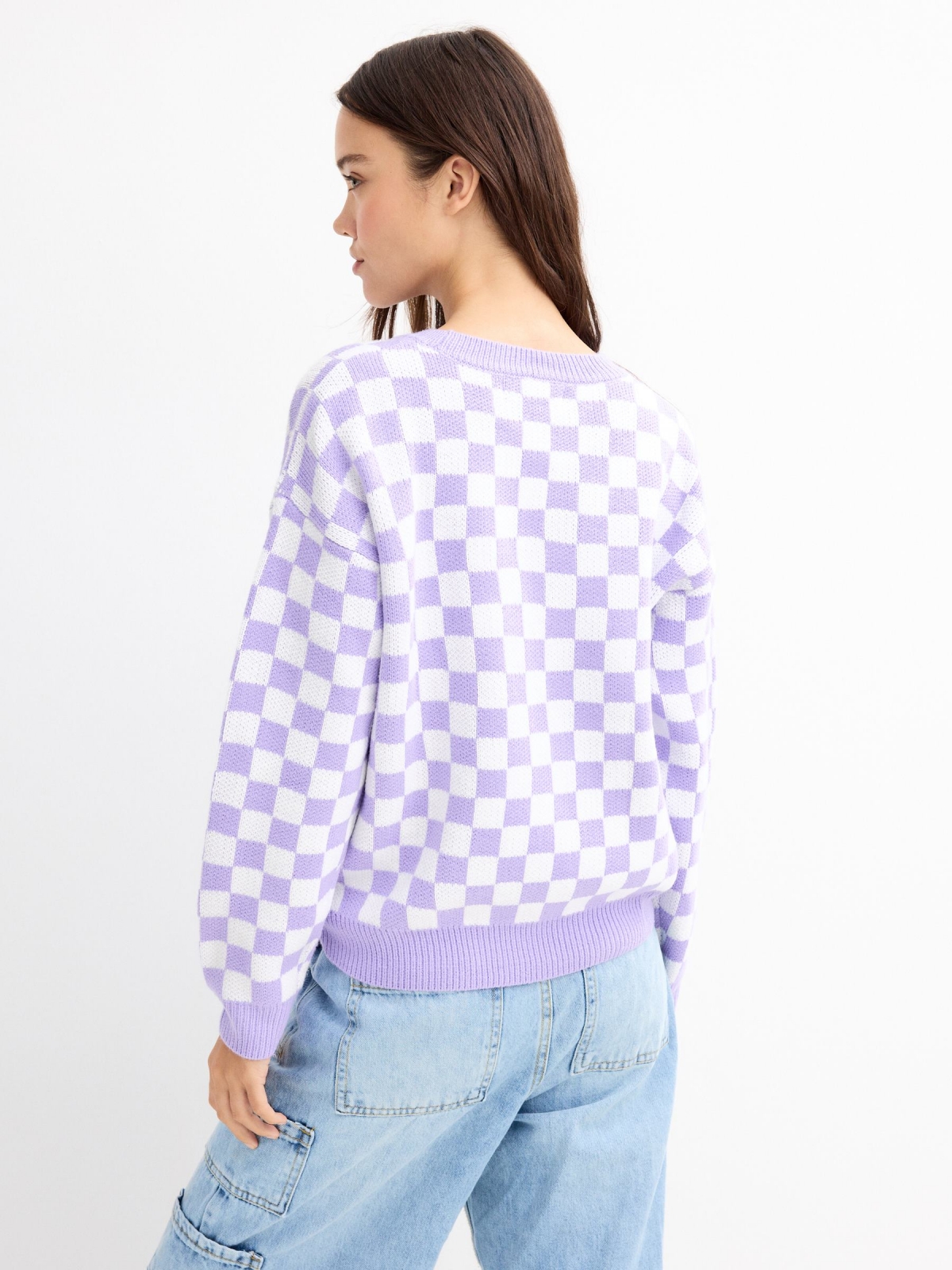 Checkered jacquard sweater lilac middle back view