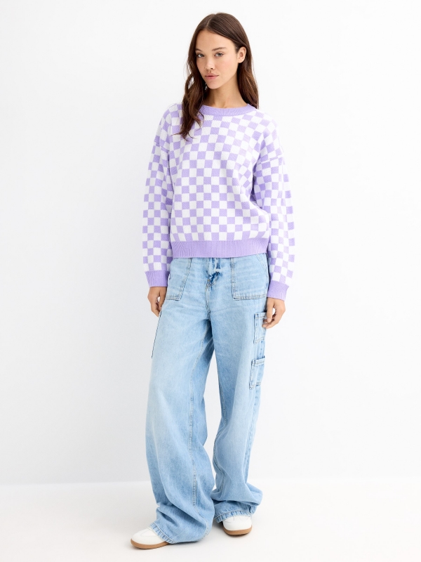 Checkered jacquard sweater lilac general front view