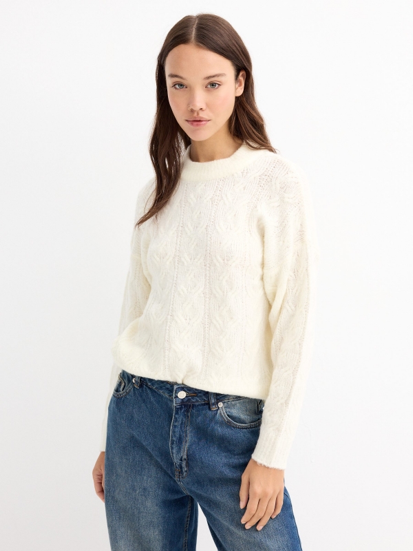 Knitted sweater round neck off white middle front view