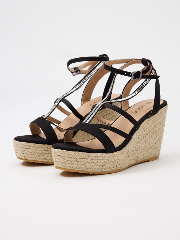 Cuña de yute de tiras con brillos negro/beige vista frontal 45º