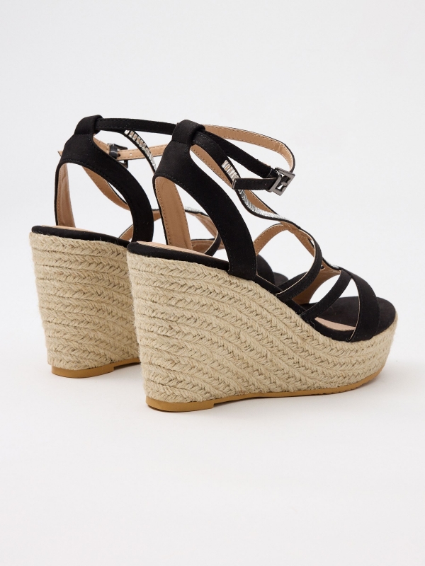 Cuña de yute de tiras con brillos negro/beige vista trasera 45º