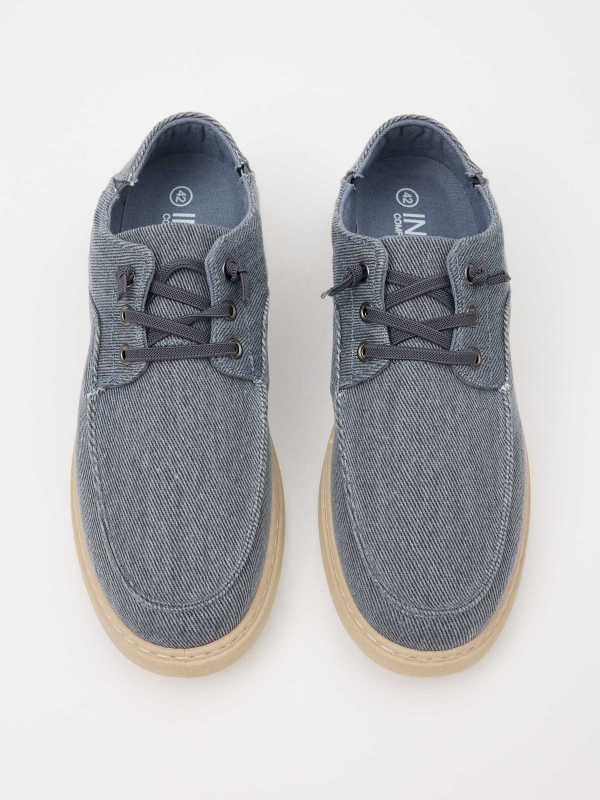 Sapatos de barco em lona com elástico azul aço vista superior