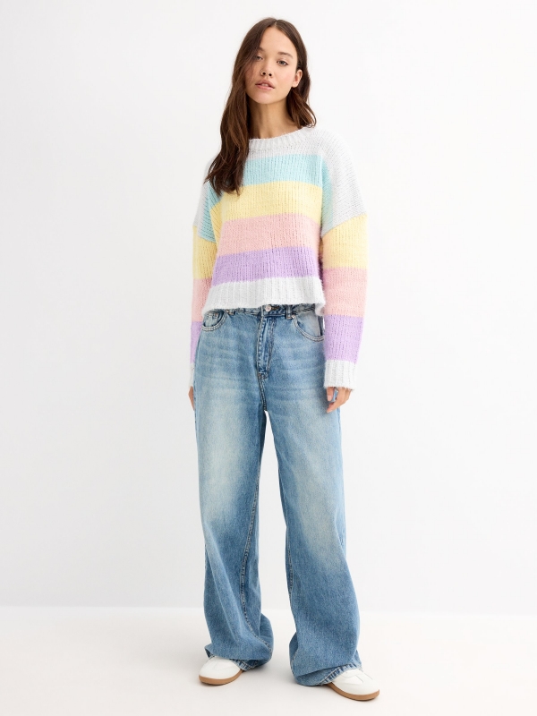 Salta chenille às riscas multicolorido vista geral frontal