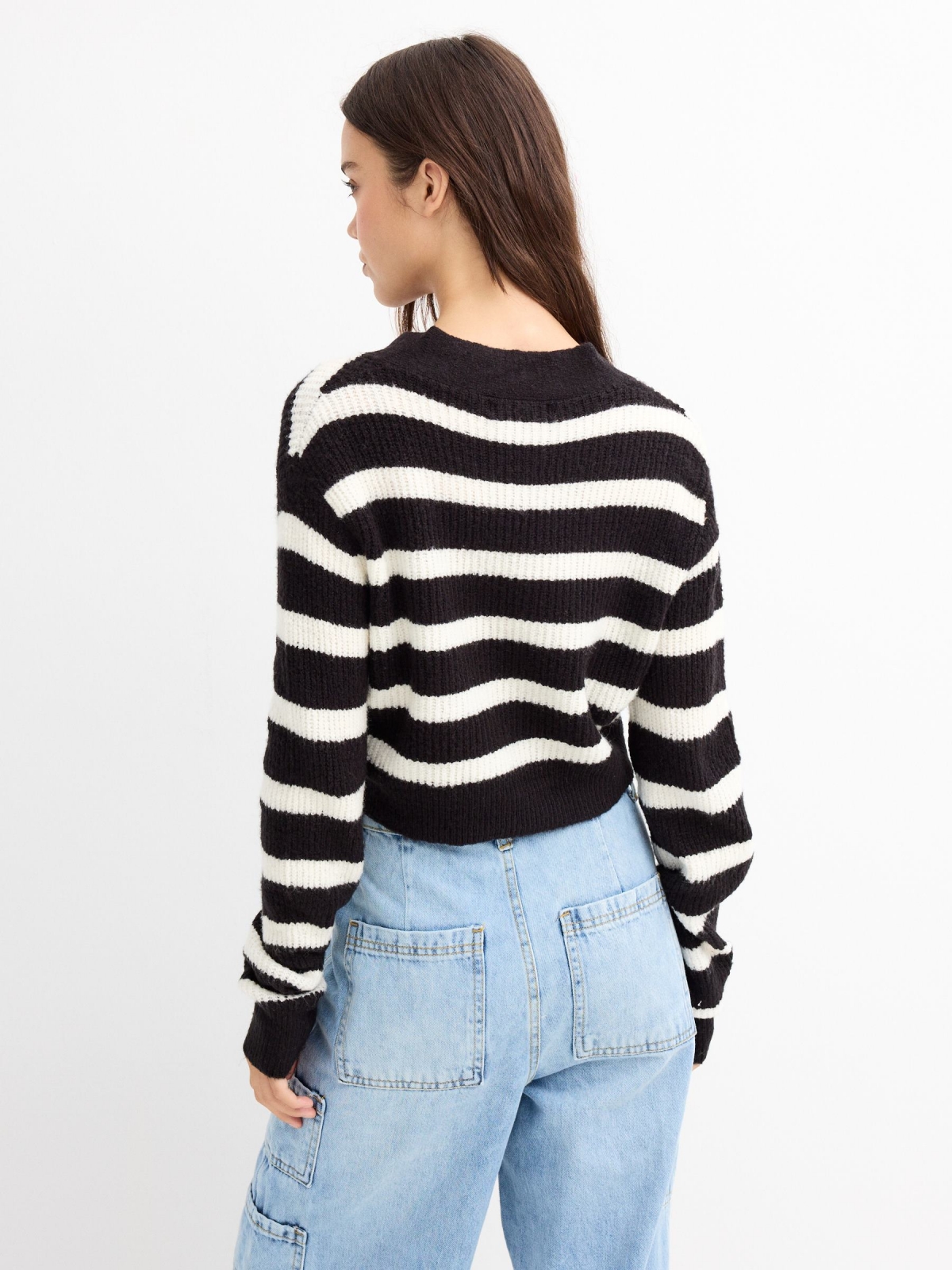 Striped V-neck cardigans black/beige middle back view