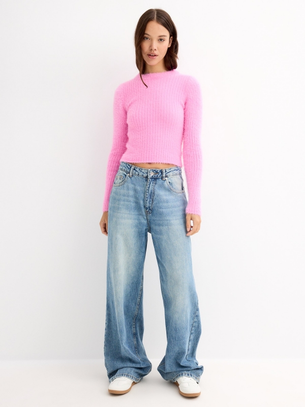 Knitted slim sweater pink general front view